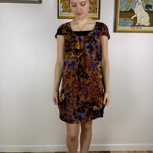 Anthropologie Maeve Pintura Silk Shift Dress brown floral with cap sleeve small